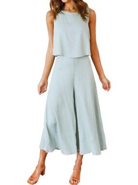 Women's Summer 2 Piece Light Cyan Round Neck Crop Top Cropped Wide Leg Jumpsuit
